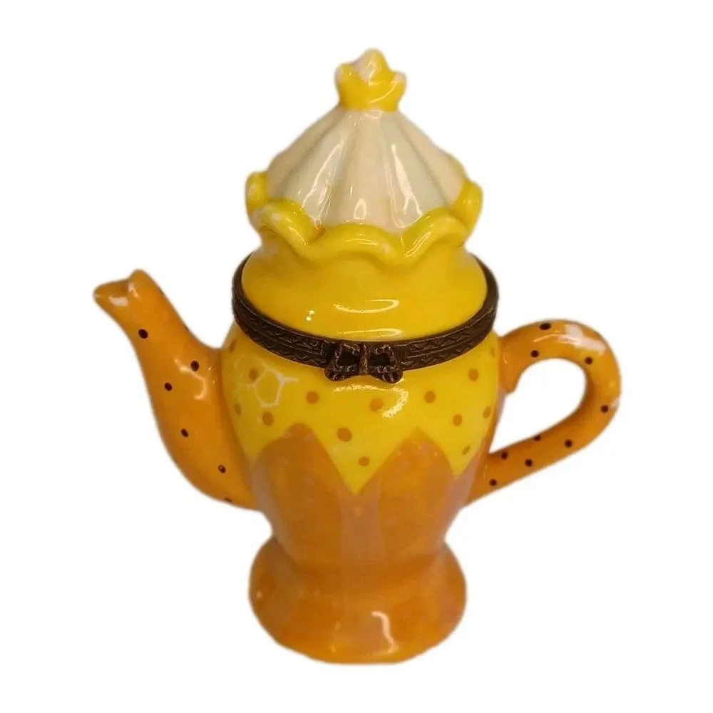Miniature Tea Pot Trinket Box Hinged Lid Pill Case Hand Painted Metal Enameled